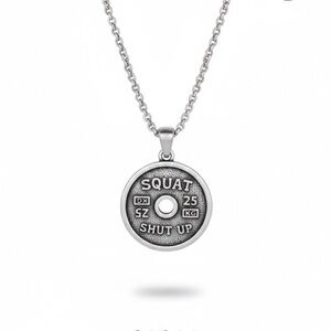Silver Tone Weight Plate Pendant Necklace Squat Shut Up Gym Jewelry Unisex 11”